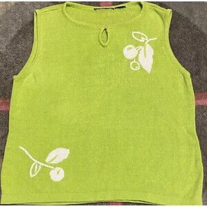 Vintage Cottagecore Lime Green Sweater Tank Top White Cherry Boho Fruit Retro